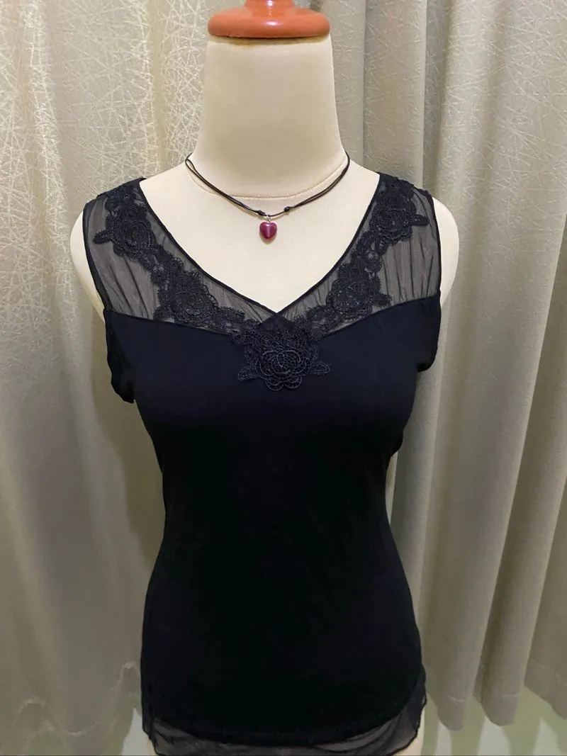 Black Lace Mesh Camisole Top Gothic Romantic Sleeveless Top photo 1
