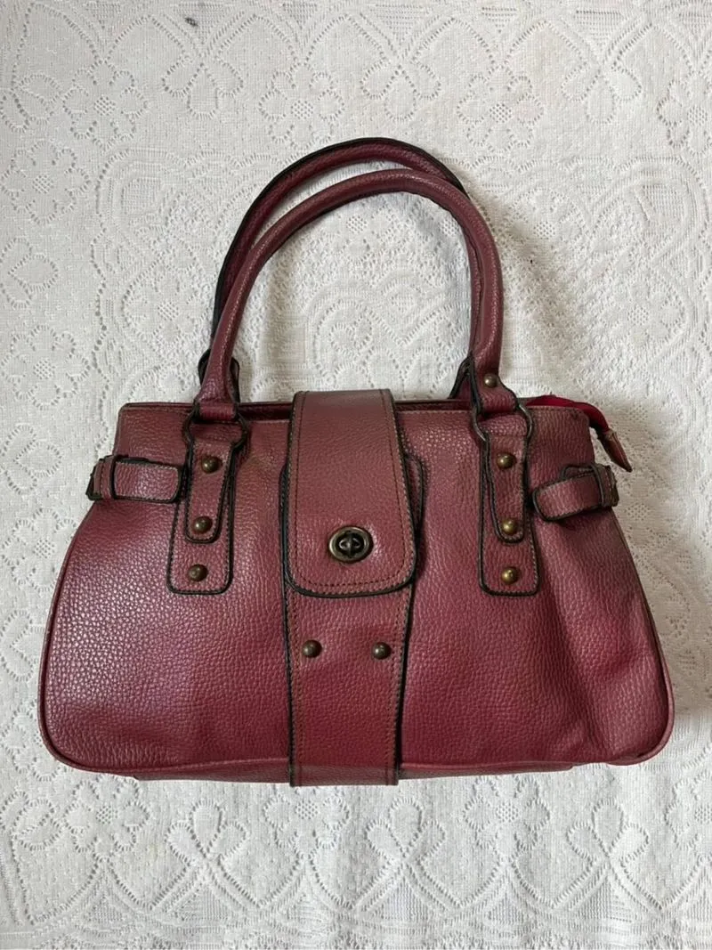 Burgundy Leather Turn-Lock Closure Belt Hand Bag  photo 1