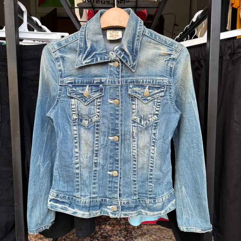Y2K Red Pepper Wings Embroidery Denim Jacket photo 1