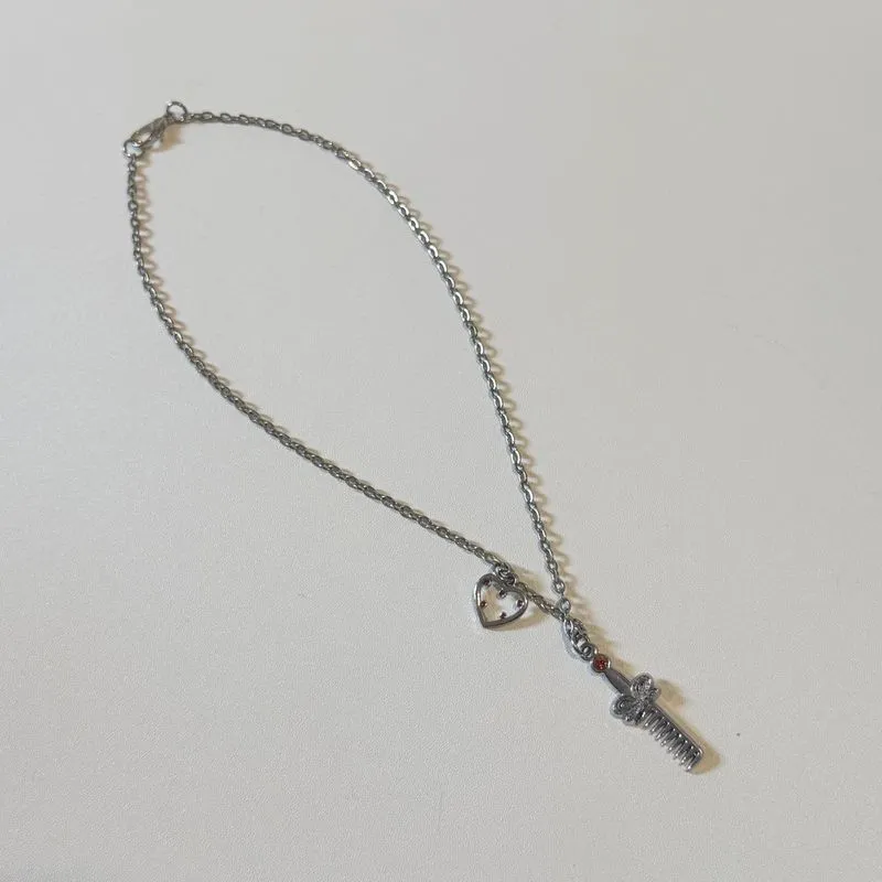Silver Toned Necklace with Comb & Tiny Heart Pendant Charm V photo 1