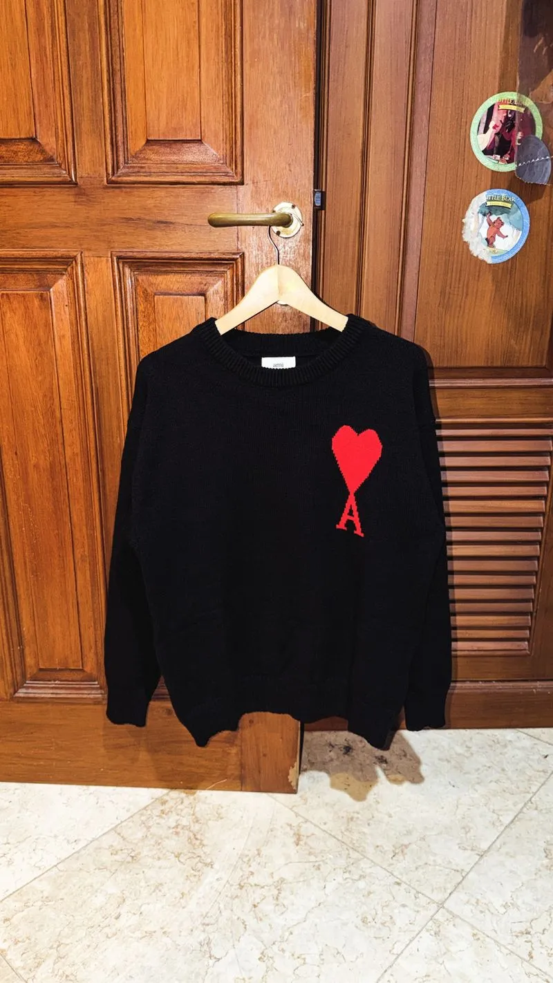 Knitwear Sweater AMI Paris Black Red Big Logo Hitam Rajut photo 1