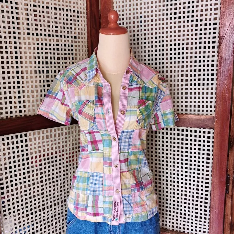 Daisy Lovers Pink Green Whimsical Patchwork Button Up Twee S photo 1