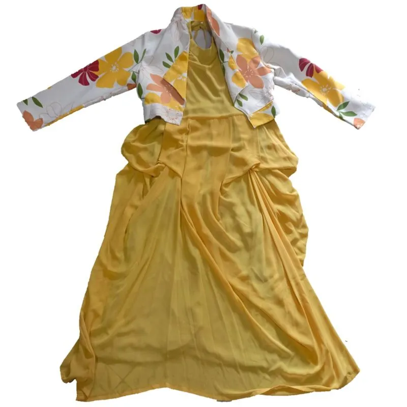 Oneset dress kuning jaket putih motif bunga Nisha Collection photo 1