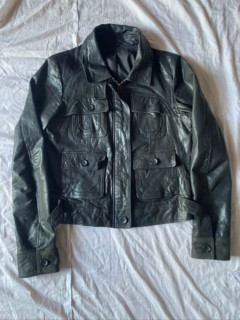 vintage trucker genuine leather cropped jacket photo 1