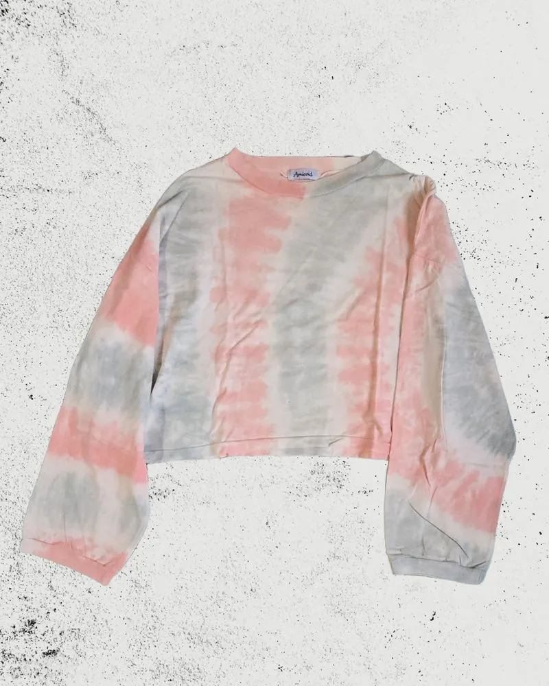 Coral & Grey Tie Dye Long Sleeve Semi Crop Top photo 1
