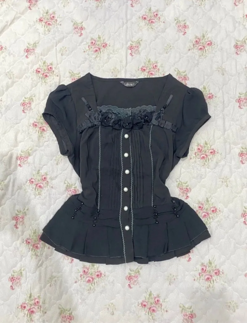Top black milkmaid gothic grunge skull mad vintage lace  photo 1