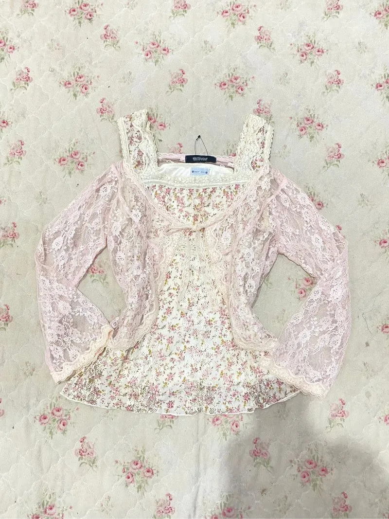 Oneset oueter tanktop lace babypink floral fairy coquette💗 photo 1
