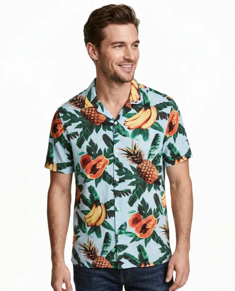 H&M L.O.G.G. Men's Blue Floral Fruits Beach Shirts M photo 1
