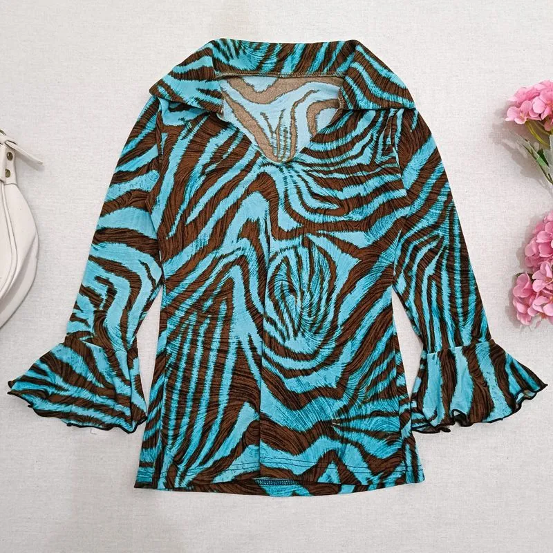 Y2K Gyaru Zebra Print Flare Sleeve Top Turquoise Brown photo 1