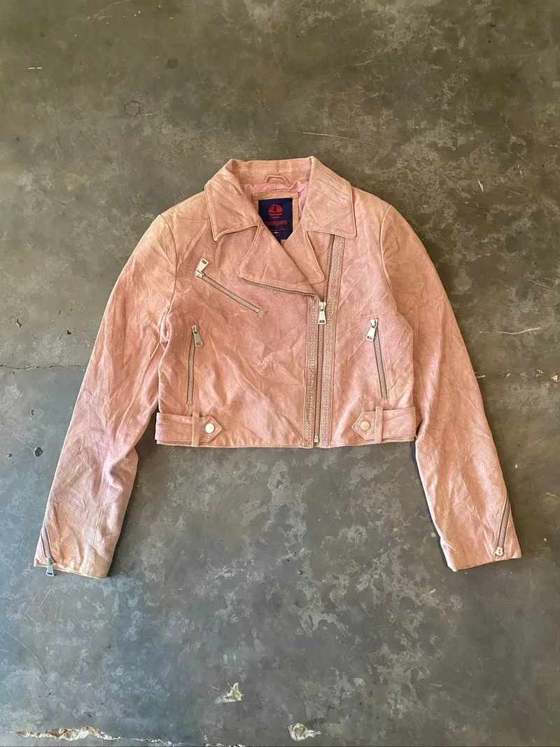 lather jacket suede crop biker ramones pink photo 1