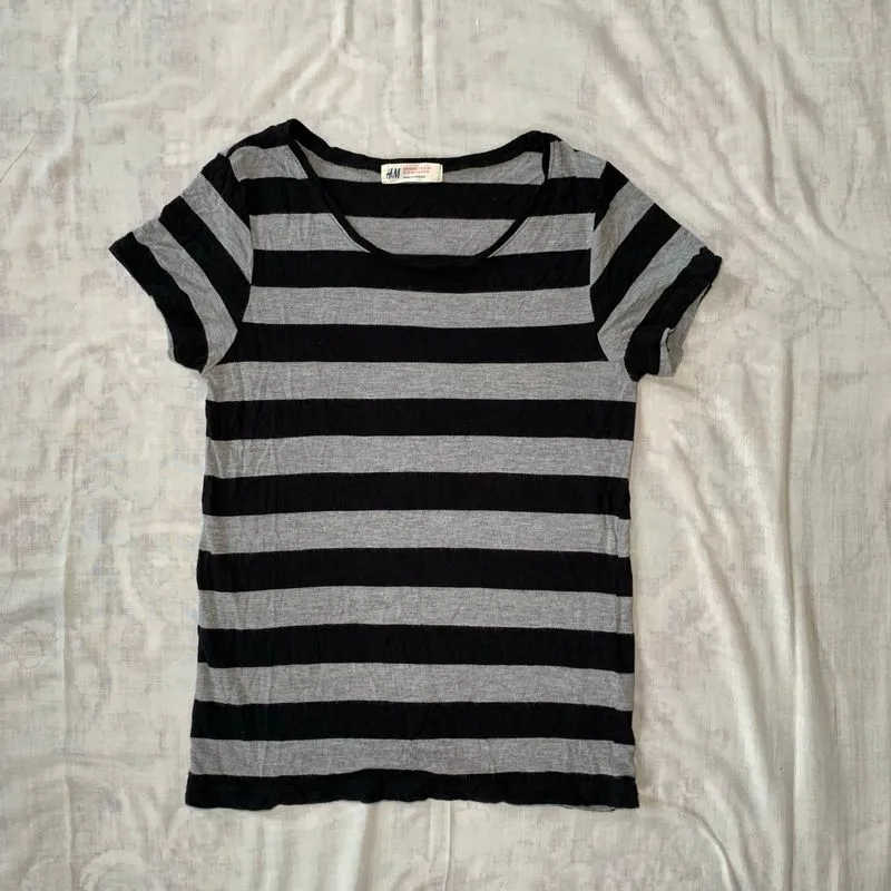 h&m stripe black grey t-shirt top fitted tee kaos photo 1