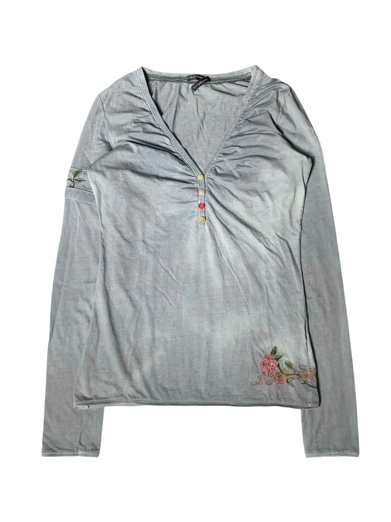 Angels never die embroidery faded v neck long sleeve t shirt photo 1