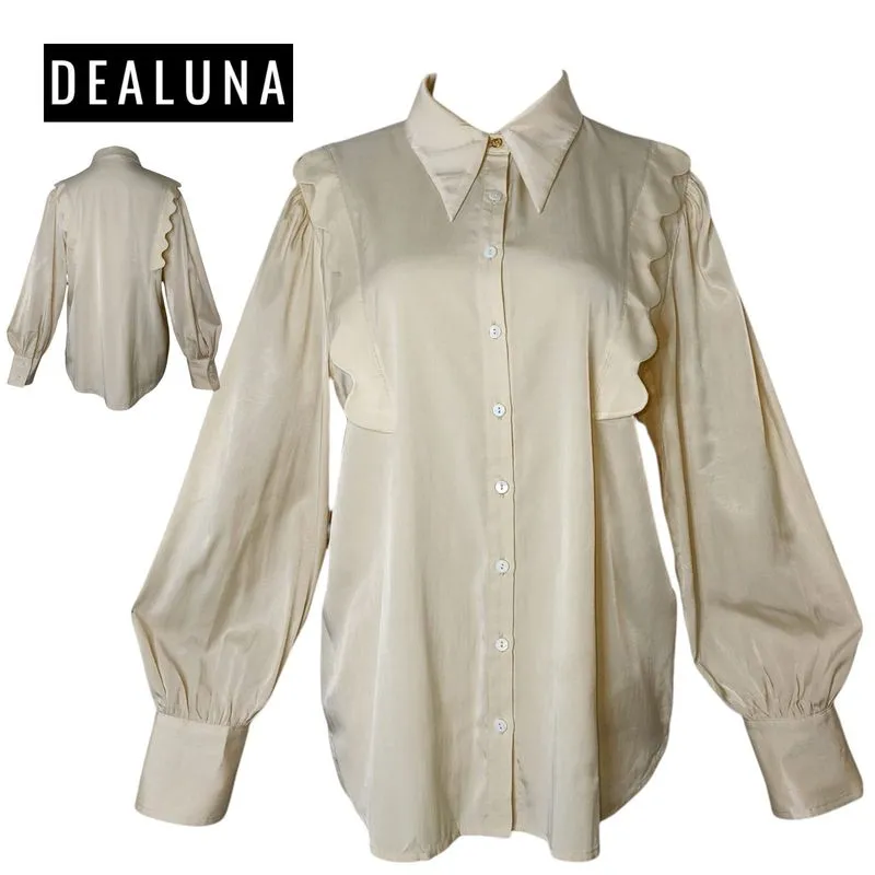 DEALUNA Mini Ruffle Blouse Shirt Swallow-Tailled Collar photo 1