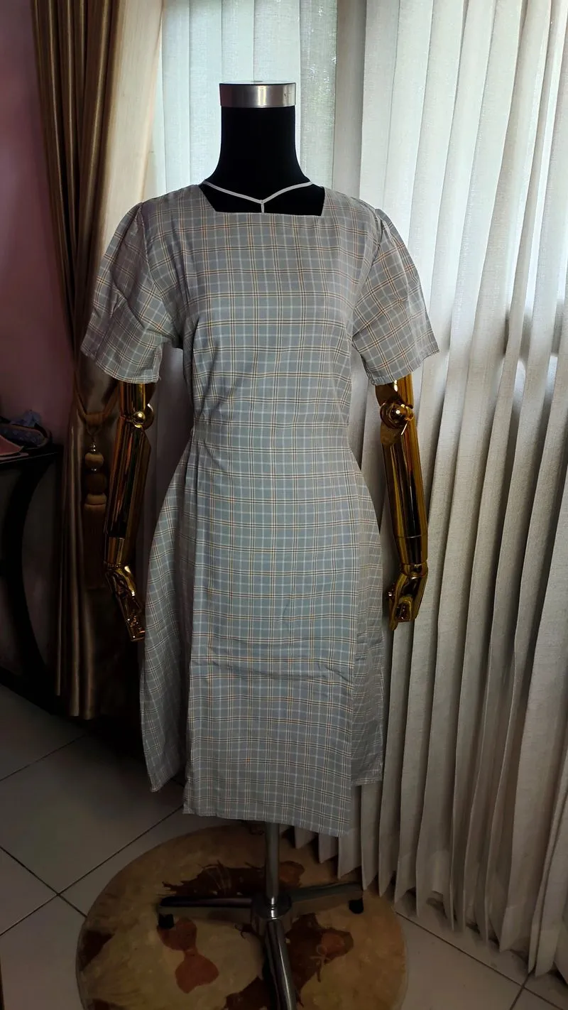 Dress Wanita Kotak-kotak Soft Blue Vintage Onesize photo 1