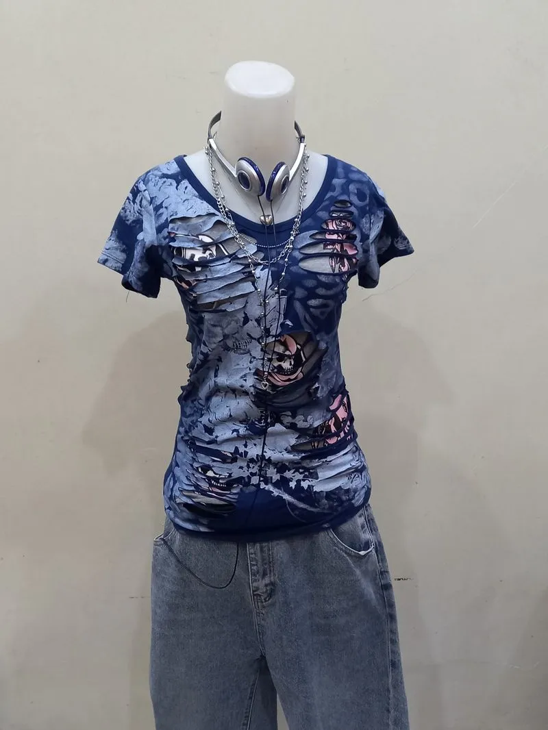 Distressed Skull Graphic Tee Slashed Cut Out Punk photo 1