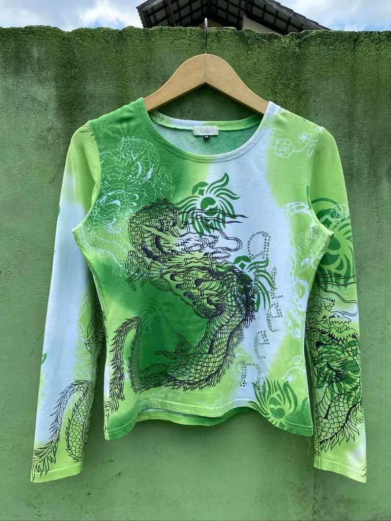 Otto Dragon Rhinestone Long Sleeve Fairy Grunge Cyber Goth photo 1