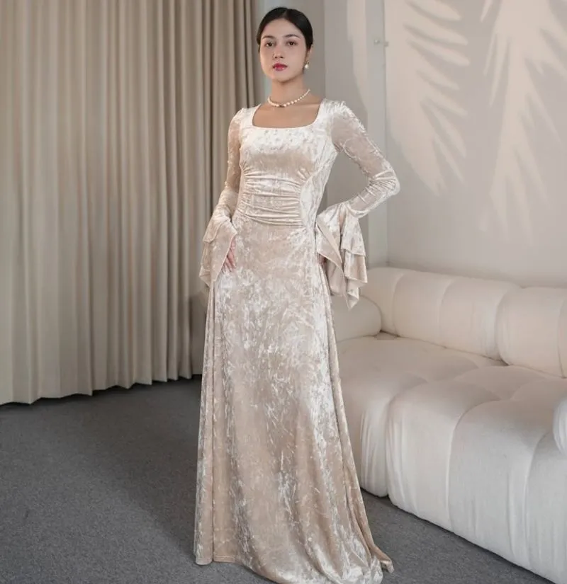 Champagne Velvet Maxi Dress Romantic Gothic Fairycore Prince photo 1