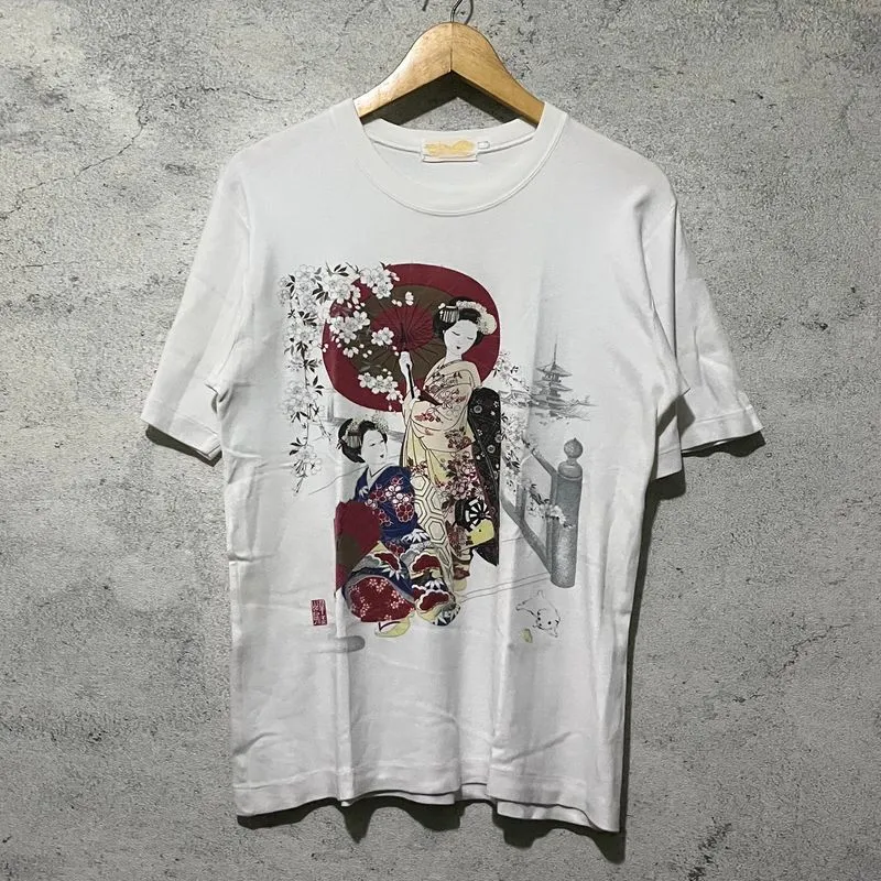 Vintage 90s Japanese Women Kimono Graphic Art Tee photo 1