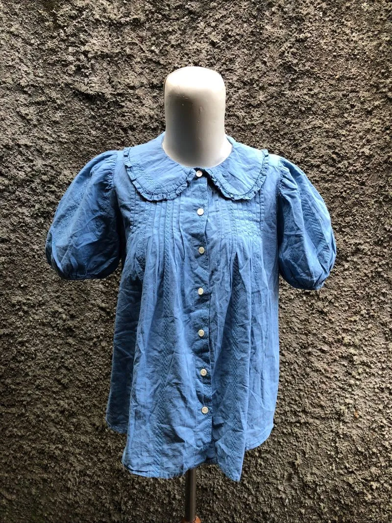 universal threads embroidery puff sleeve blue top photo 1