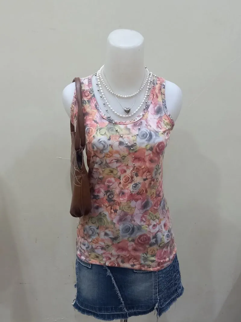 Y2k Gyaru Floral Rose Print Rhinestone Tank Top  photo 1