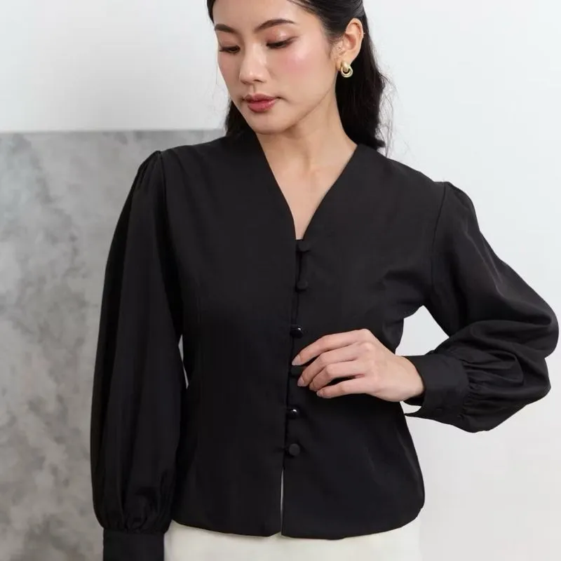 Kemeja Blouse Kerja Hitam Button Shirt Atasan Formal Hitam K photo 1