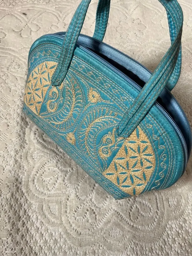 Turquoise Blue Embroidered Fabric Hand Bag photo 1
