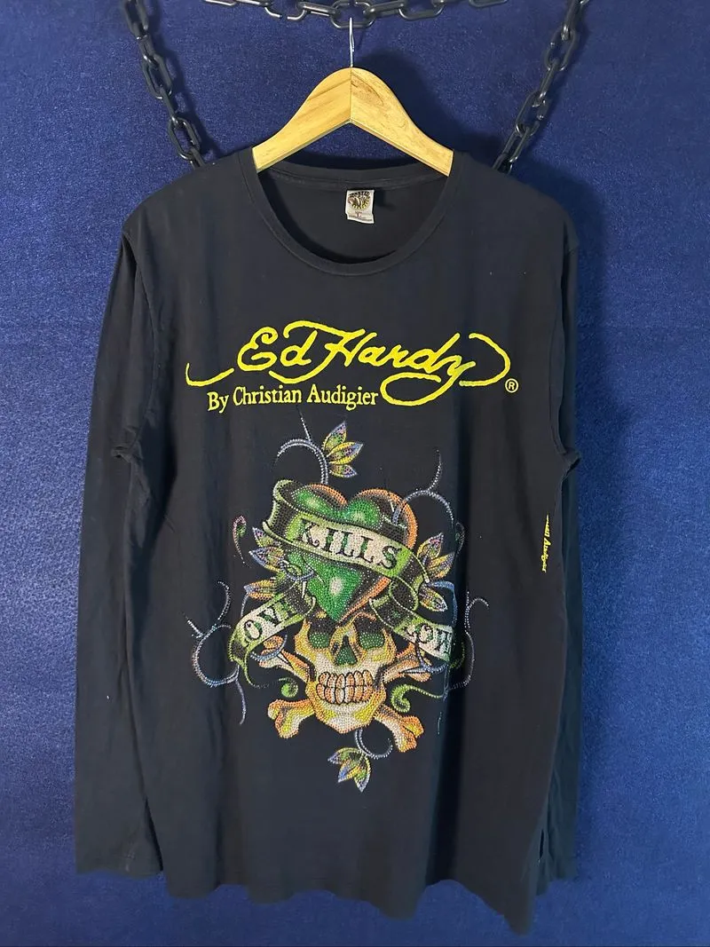 Y2k Ed Hardy Skull Graphic With Rhinestones Longsleeve photo 1
