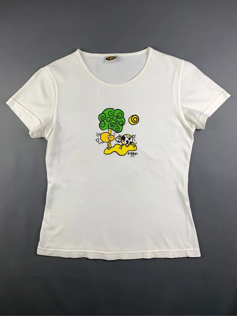 ene White Cute Cow Graphic Art Fitted Tee (S) photo 1