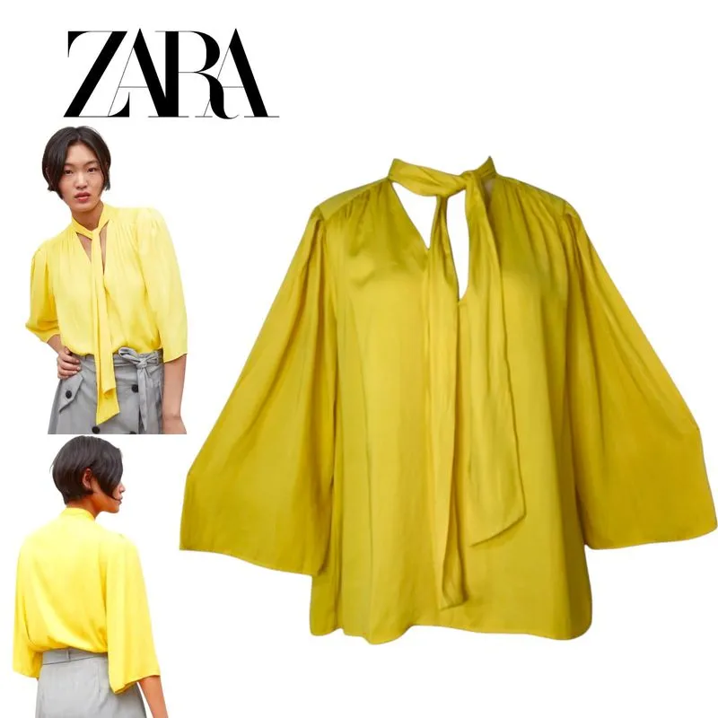 ZARA Vibrant Yellow Bow Silk Blouse 3/4 Sleeve Size small photo 1