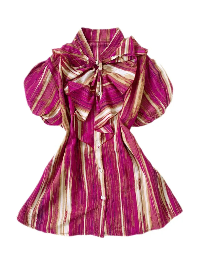 Magenta abstract stripes blouse with adjustable bow photo 1