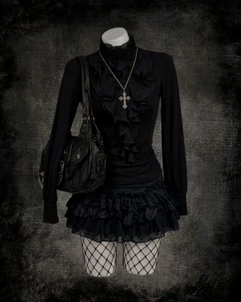 𖤐 ࣪.Grey Gothic Ruffle Top Long Sleeve.࣪𖤐 photo 1