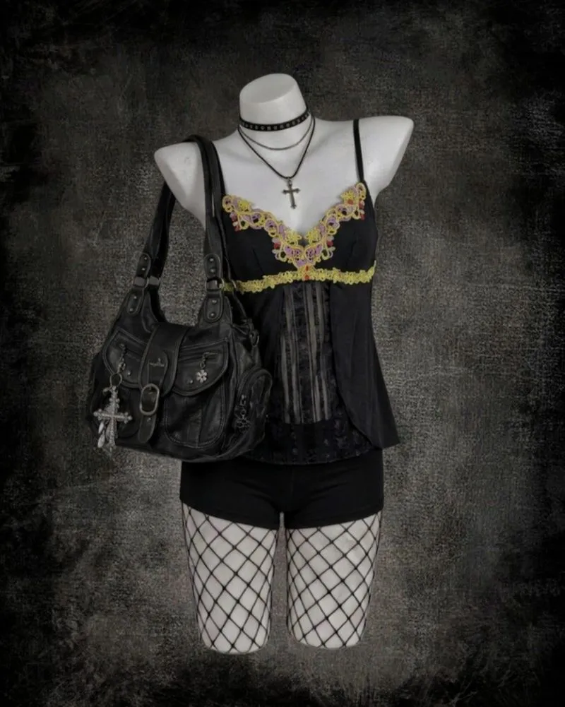 𖤐 ࣪.Black Gold Embroidered Floral Cami Top.࣪𖤐 photo 1