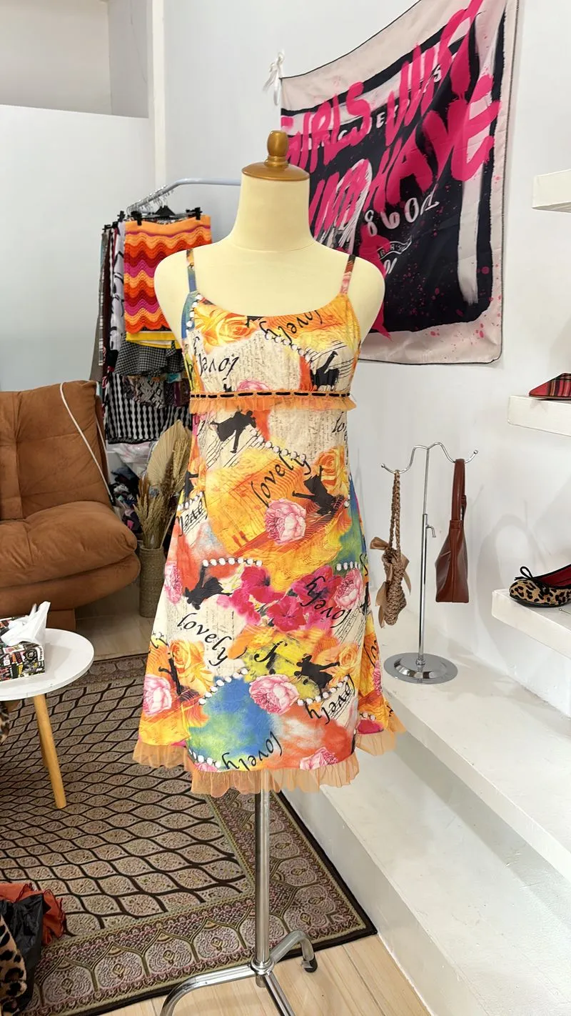 Vintage Y2K Summer dress Wanita cream blue photo 1