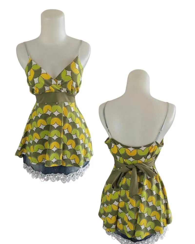 Cute y2k vintage pattern green yellow Babydoll tank top ijo  photo 1