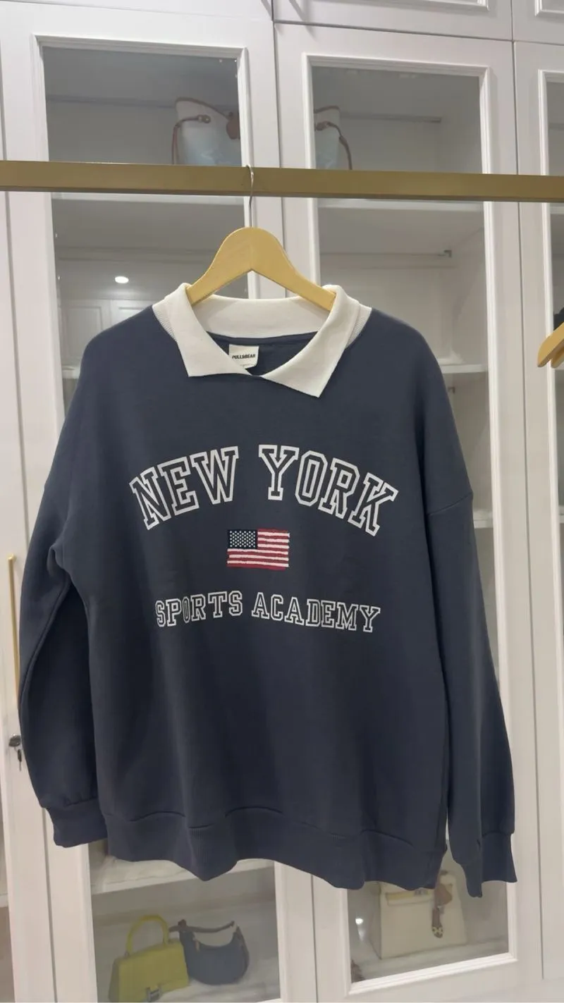 Pull&Bear Collar Sweatshirt New York Sports Academy Navy Siz photo 1