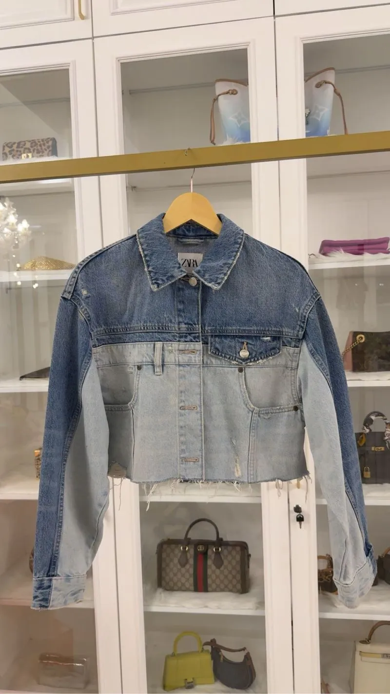 Zara Two-Tone Crop Denim Jacket Blue Ripped Size XS Original photo 1