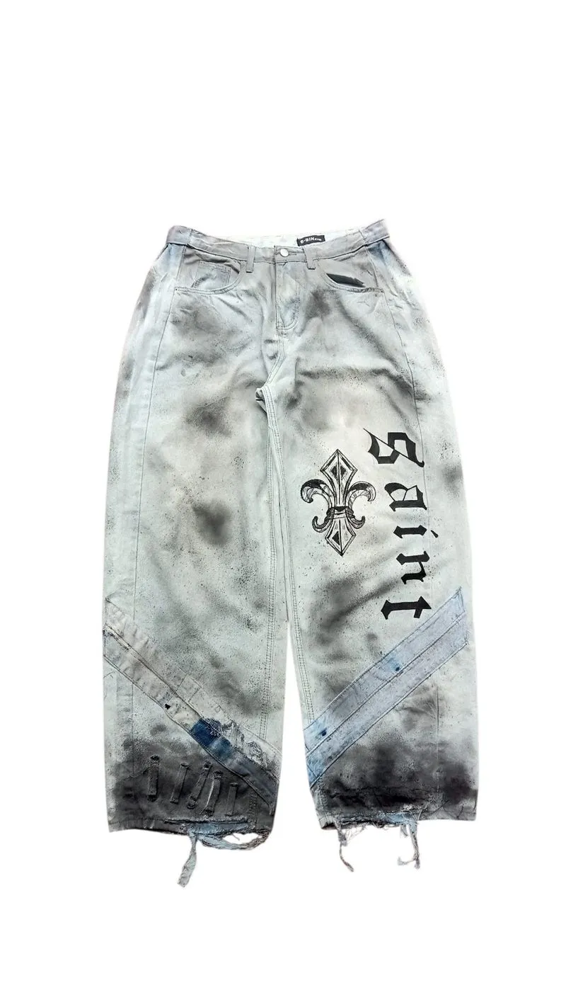 Jeans Wide Leg Unisex Streetwear Vintage Saint Gothic Grey  photo 1