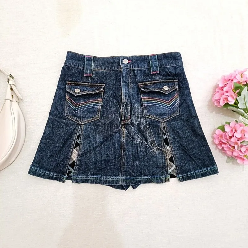 Rok Celana Denim Y2K Plaid Insert Rainbow Stitch Size 160 photo 1