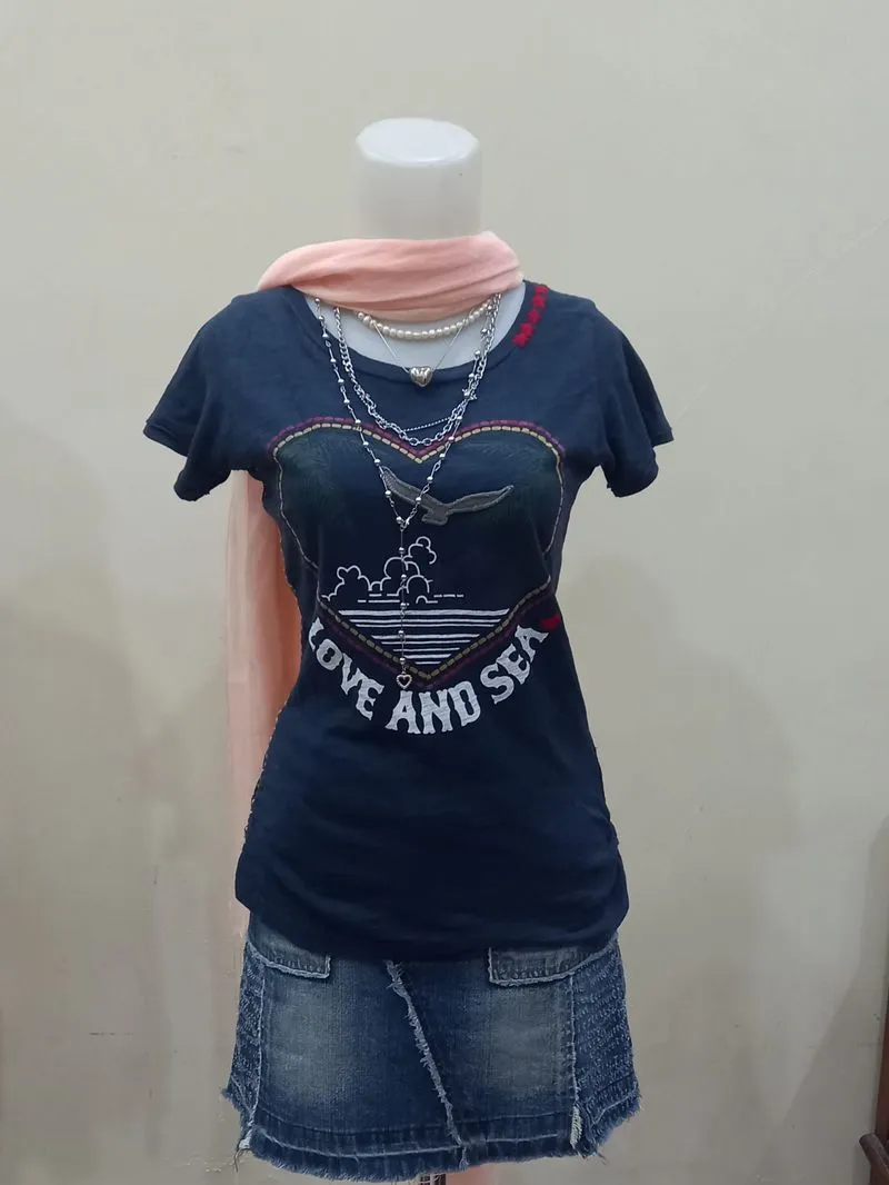 Vintage Love and Sea Navy Graphic Baby Tee

 photo 1