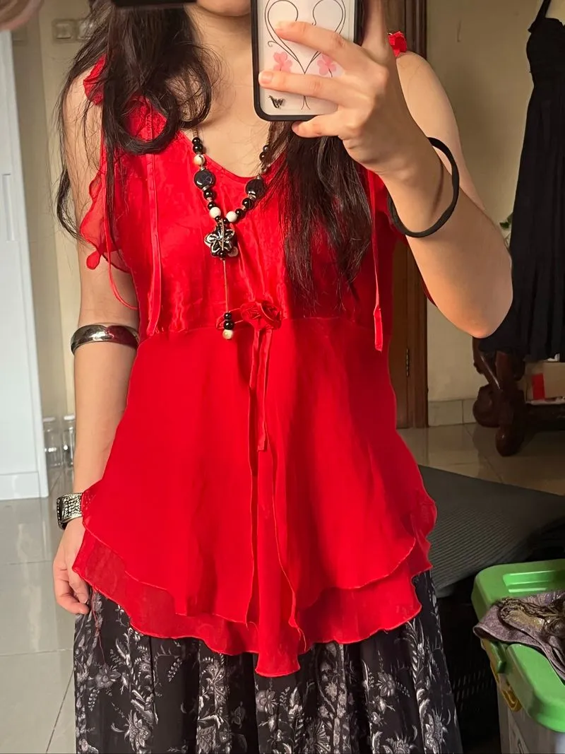 ruffle butterfly layered red babydoll tanktop photo 1