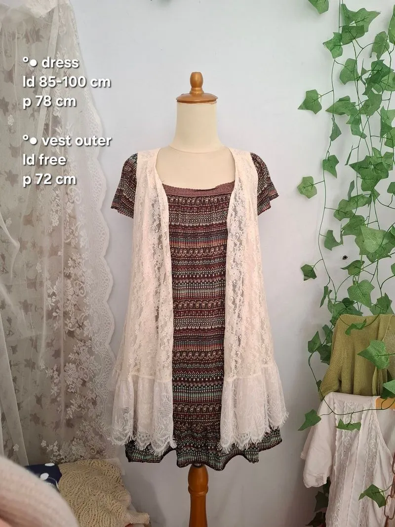 mori kei set (etnic dress + lace vest outer) photo 1