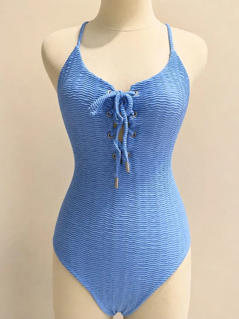 Red Carter Oasis Lace Up One Piece Swimsuit Baby Blue photo 1