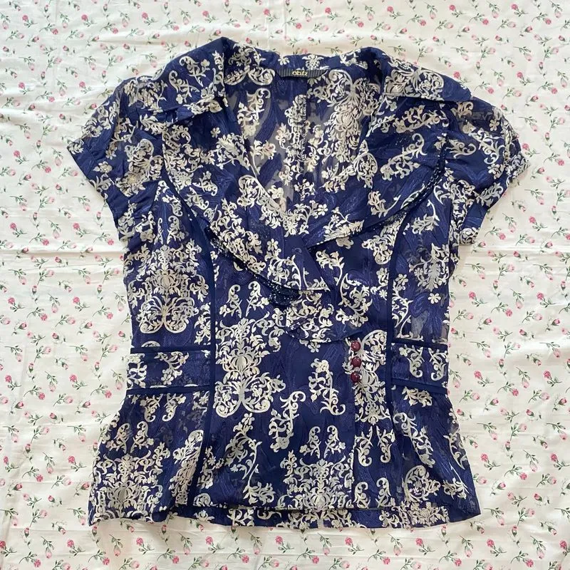Navy blue patterned sheer short sleeve blouse photo 1