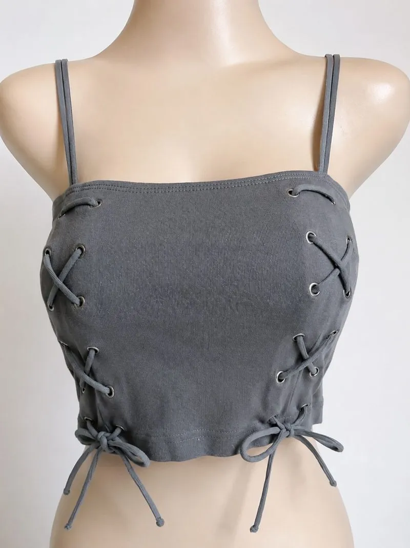 ✨ Grey Lace Up Crop Top Built In Bra Y2K photo 1
