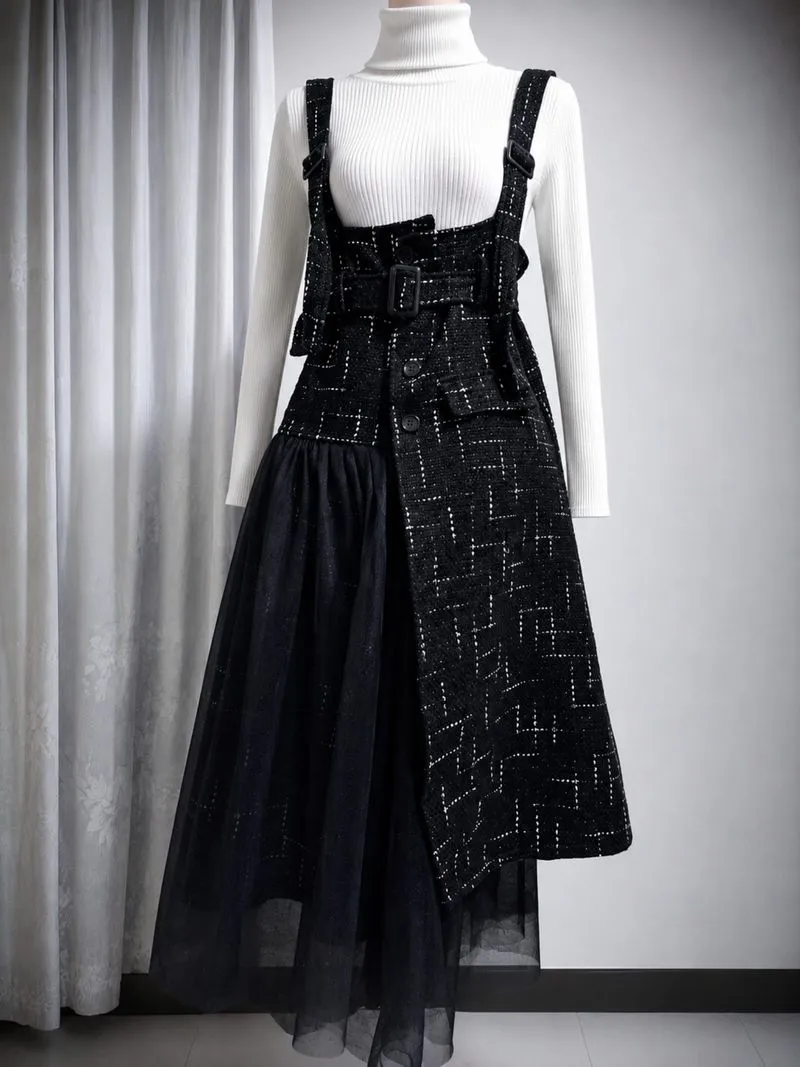 Black Tweed Suspender Dress Korean Boutique Style photo 1