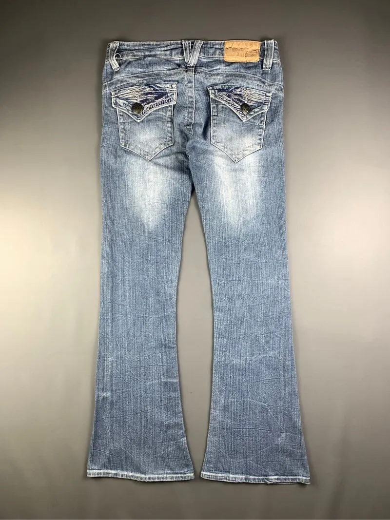 2000s S&B Blue Washed Embroidered Bootcut Flare Jeans (32) photo 1