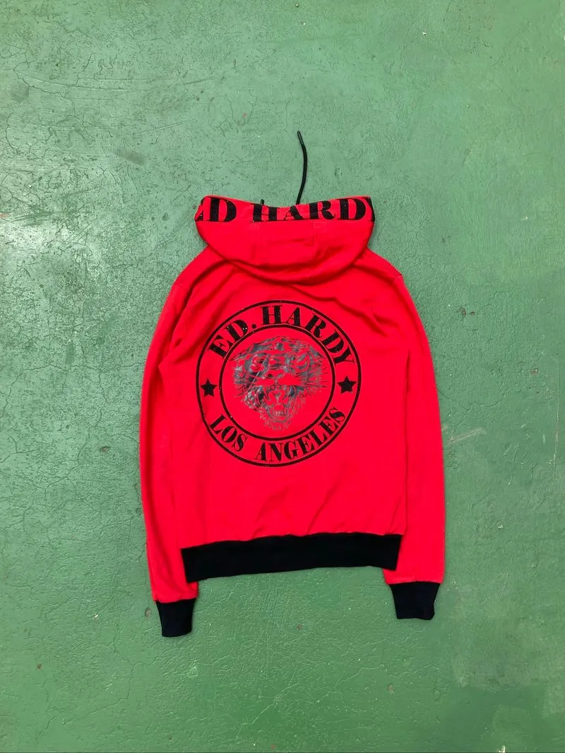Y2K Ed Hardy Los Angeles Tiger Rhinestone Hoodie Red Black photo 1