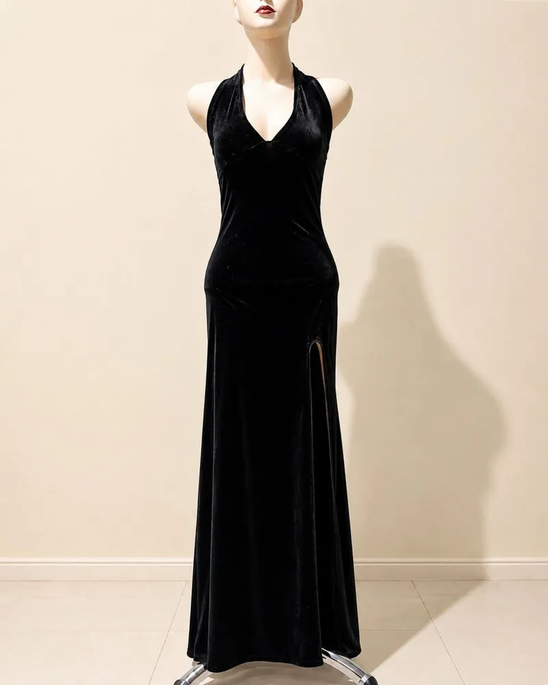 Black Velvet Halter Maxi Dress Backless Slit Custom Made photo 1