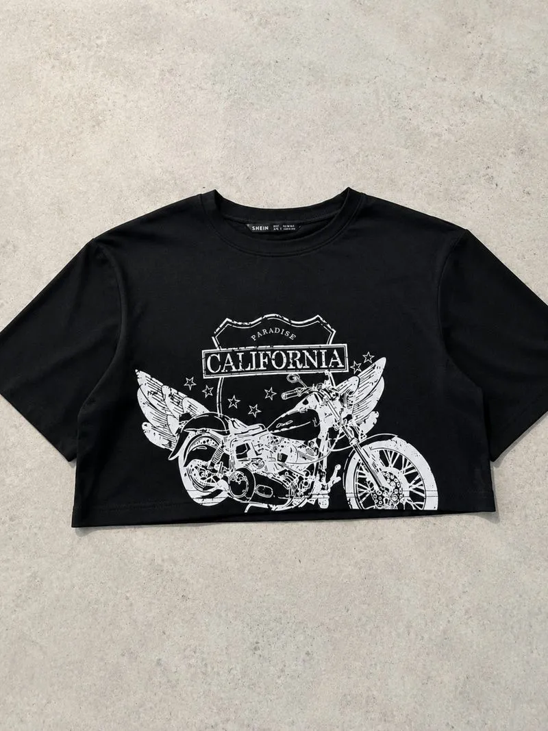SHEIN California Motorcycle Tee Black Oversized Y2K Streetwe photo 1