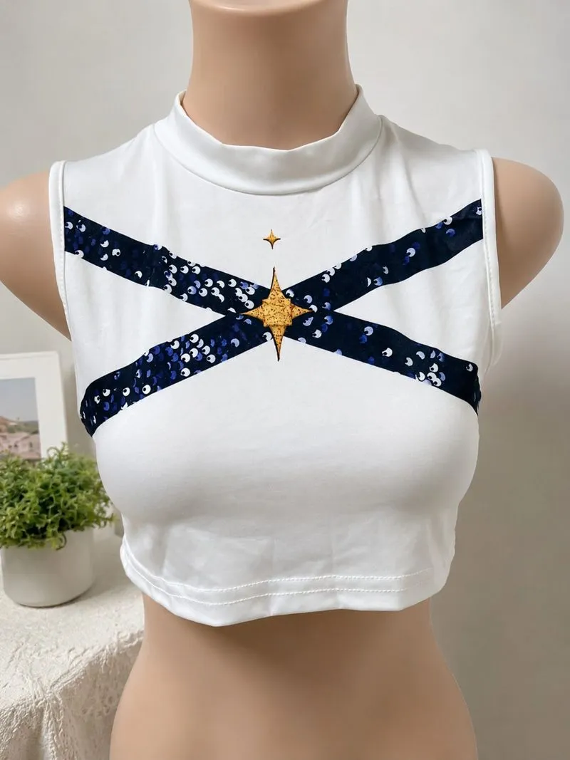 Y2K Star Crop Tank High Neck Putih Stretch Korean Top photo 1